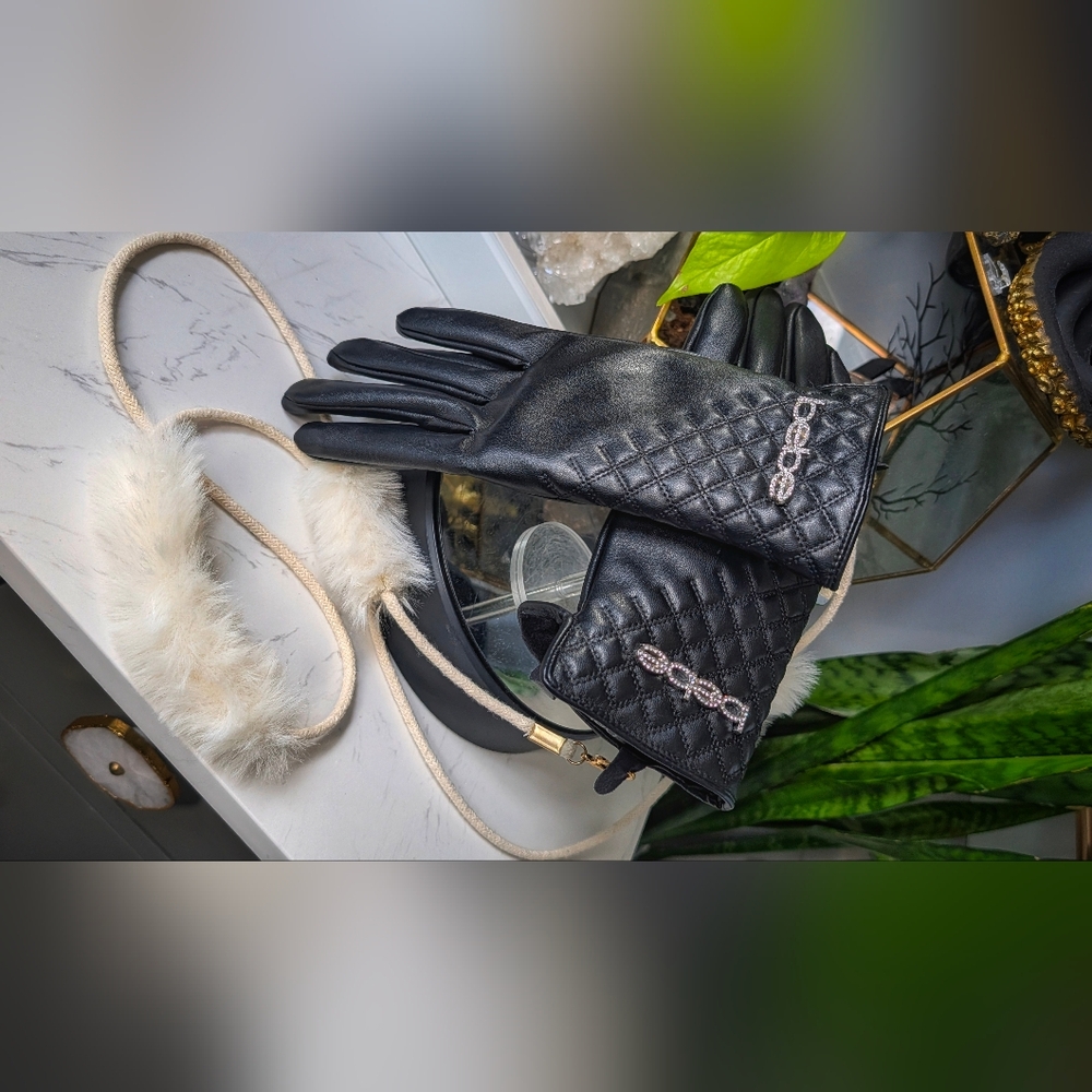 Bebe Black Faux Leather Rhinestone Gloves (Lanyard NOT Included) LG-XL NEW